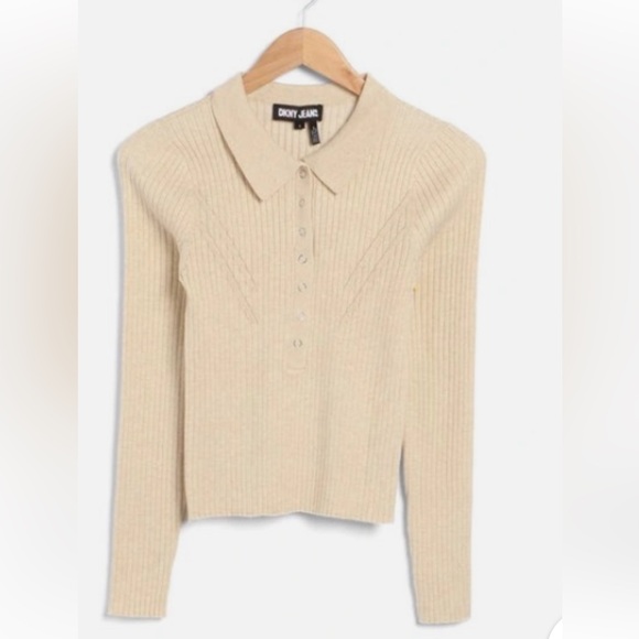 🆕 DKNY Rib Knit Polo Sweater Heather Vanilla Ivory Cream - Picture 3 of 3